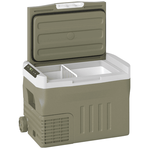 Outsunny Geleira Portátil Elétrica 30L Geleira de Carro -20? a +20? 12V24V Mini Geleira com Rodas Compressor e Ecrã LED Tátil para Casa Campismo Viagens Automóvel 61x39x41,5 cm Verde