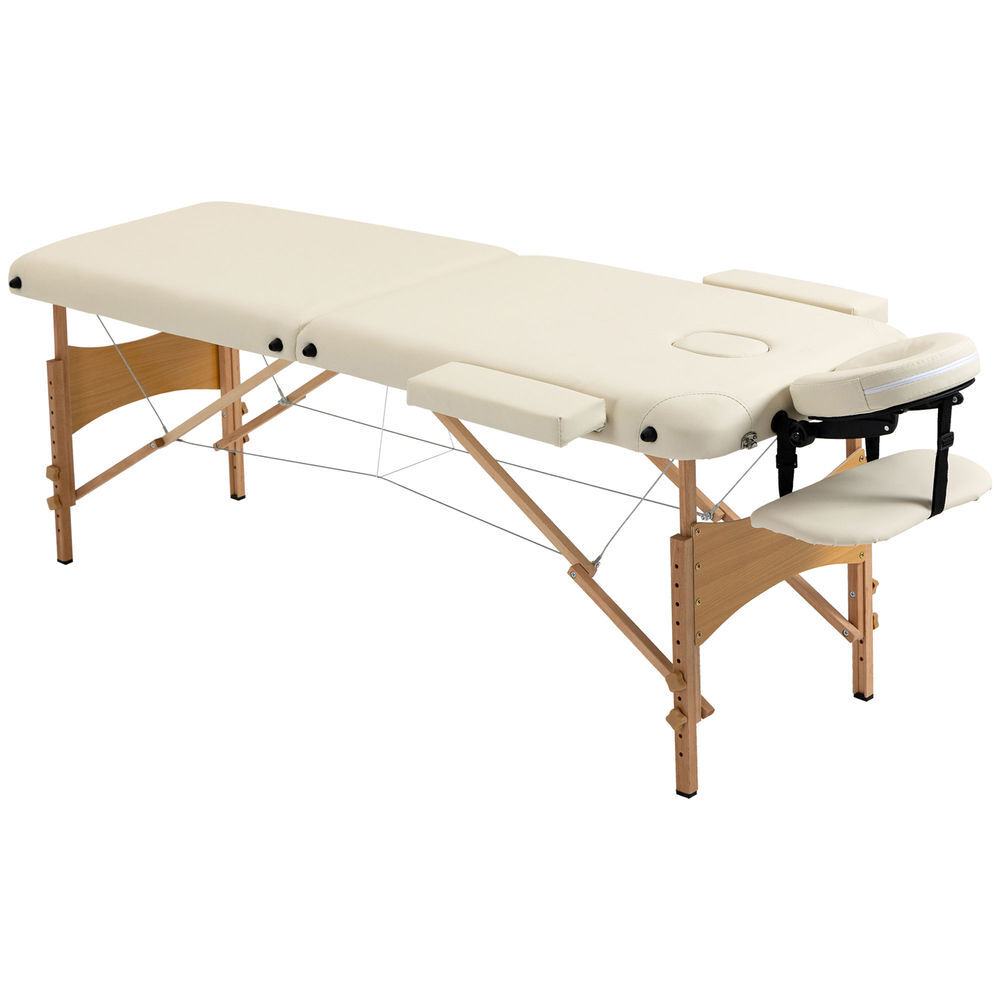 Homcom camilla de masaje plegable 210x81 cm camilla estética profesional con reposacabezas extraíble 2 zonas asa y marco de madera con altura regulable y bolsa de transporte crema