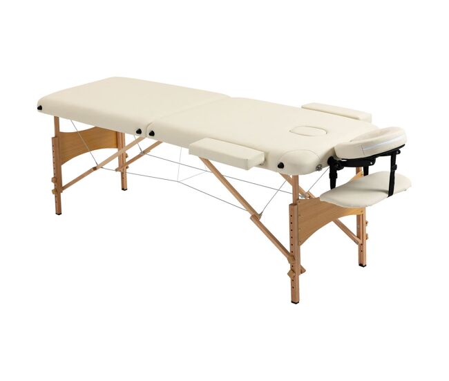 Homcom camilla de masaje plegable 210x81 cm camilla estética profesional con reposacabezas extraíble 2 zonas asa y marco de madera con altura regulable y bolsa de transporte crema