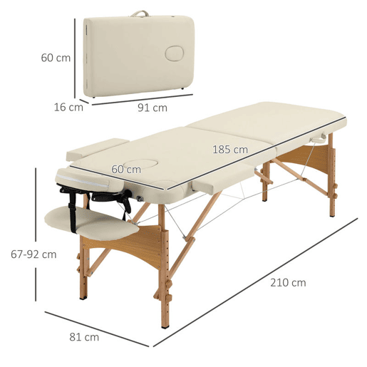 HOMCOM Marquesa de Massagem Dobrável Marquesa com Altura Ajustável 61-87 cm Desenho Ergonómico para Utilização Profissional Fácil de Transportar 185x60 cm Creme