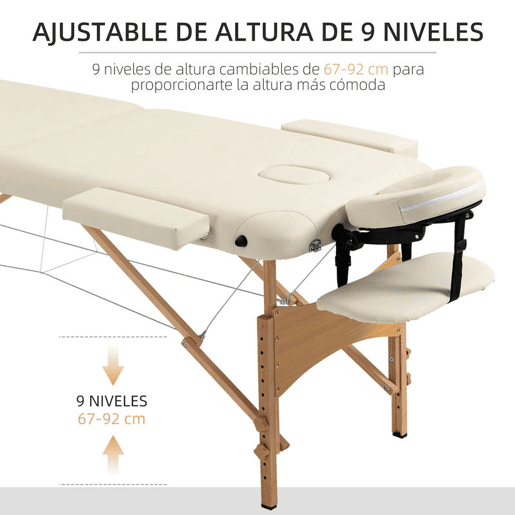 HOMCOM Marquesa de Massagem Dobrável Marquesa com Altura Ajustável 61-87 cm Desenho Ergonómico para Utilização Profissional Fácil de Transportar 185x60 cm Creme