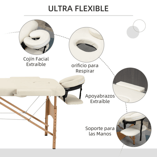 HOMCOM Marquesa de Massagem Dobrável Marquesa com Altura Ajustável 61-87 cm Desenho Ergonómico para Utilização Profissional Fácil de Transportar 185x60 cm Creme