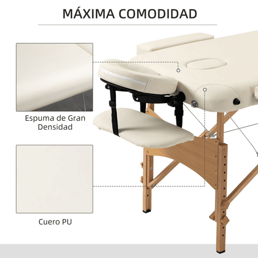HOMCOM Marquesa de Massagem Dobrável Marquesa com Altura Ajustável 61-87 cm Desenho Ergonómico para Utilização Profissional Fácil de Transportar 185x60 cm Creme
