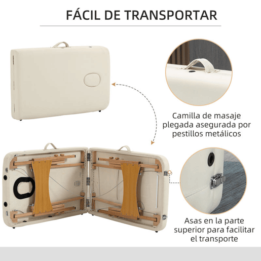 HOMCOM Marquesa de Massagem Dobrável Marquesa com Altura Ajustável 61-87 cm Desenho Ergonómico para Utilização Profissional Fácil de Transportar 185x60 cm Creme
