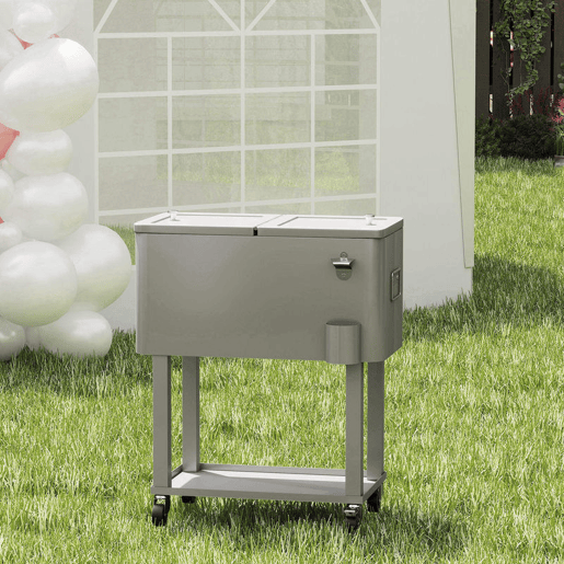 Outsunny Carrinho Refrigerador de Bebidas de 56L Carrinho Refrigerador com Rodas Abridor de Garrafas e Prateleira para Pátio Festas Terraço Praia 67x35x80 cm Cinzento Claro