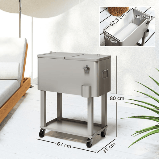 Outsunny Carrinho Refrigerador de Bebidas de 56L Carrinho Refrigerador com Rodas Abridor de Garrafas e Prateleira para Pátio Festas Terraço Praia 67x35x80 cm Cinzento Claro