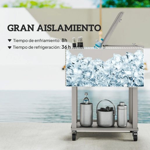 Outsunny Carrinho Refrigerador de Bebidas de 56L Carrinho Refrigerador com Rodas Abridor de Garrafas e Prateleira para Pátio Festas Terraço Praia 67x35x80 cm Cinzento Claro