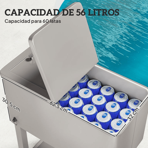 Outsunny Carrinho Refrigerador de Bebidas de 56L Carrinho Refrigerador com Rodas Abridor de Garrafas e Prateleira para Pátio Festas Terraço Praia 67x35x80 cm Cinzento Claro