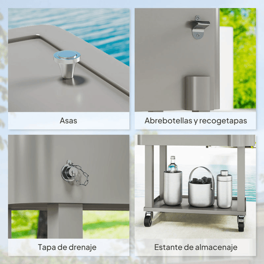 Outsunny Carrinho Refrigerador de Bebidas de 56L Carrinho Refrigerador com Rodas Abridor de Garrafas e Prateleira para Pátio Festas Terraço Praia 67x35x80 cm Cinzento Claro