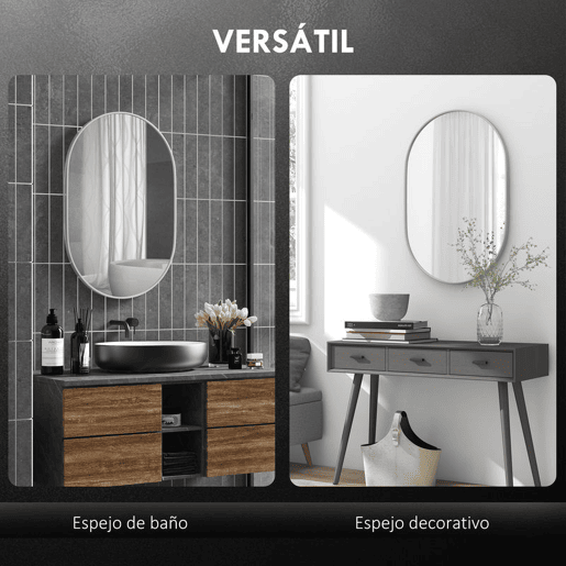 HOMCOM Espelho Casa de Banho 60x90 cm Espelho Decorativo de Parede com Estrutura de Alumínio para Sala de Estar Entrada Corredor Horizontal ou Vertical Prata