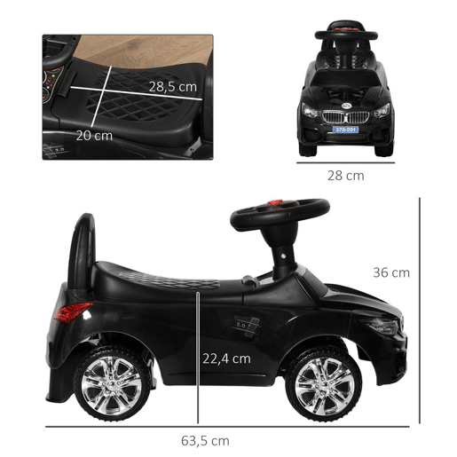HOMCOM Carro Andador para Crianças de 18-36 Meses com Faróis Música Buzina Volante Compartimento de Armazenamento e Alça para Empurrar 63,5x28x36 cm Preto