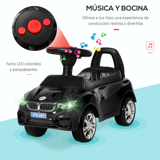 HOMCOM Carro Andador para Crianças de 18-36 Meses com Faróis Música Buzina Volante Compartimento de Armazenamento e Alça para Empurrar 63,5x28x36 cm Preto