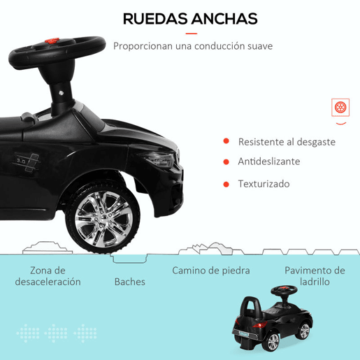HOMCOM Carro Andador para Crianças de 18-36 Meses com Faróis Música Buzina Volante Compartimento de Armazenamento e Alça para Empurrar 63,5x28x36 cm Preto