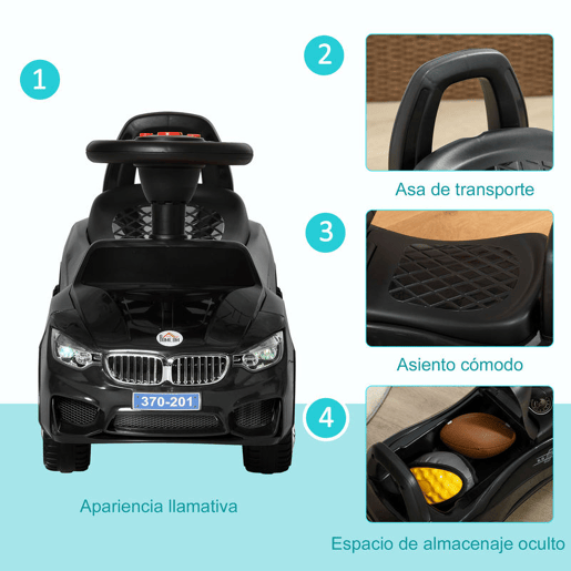 HOMCOM Carro Andador para Crianças de 18-36 Meses com Faróis Música Buzina Volante Compartimento de Armazenamento e Alça para Empurrar 63,5x28x36 cm Preto
