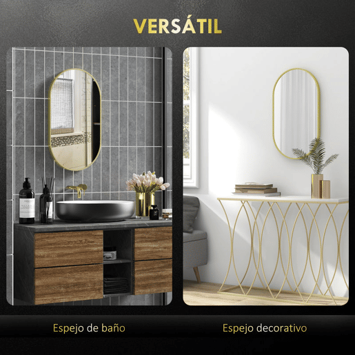 HOMCOM Espelho Casa de Banho Oval 40x3x70 cm Espelho Decorativo de Parede com Estrutura de Liga de Alumínio para Sala de Estar Entrada Corredor Horizontal ou Vertical Dourado