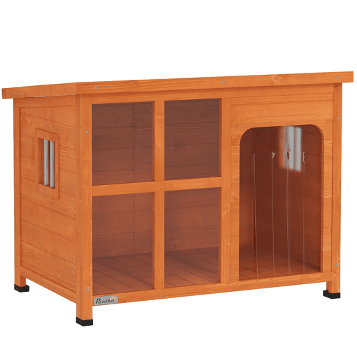 PawHut Casa para Cães de Exterior Casota para Cães Pequenos Médios com Teto Asfáltico 2 Janelas Porta com Cortina Transparente e Base Amovível 90x62x71 cm Madeira