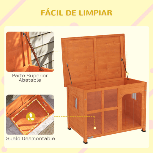 PawHut Casa para Cães de Exterior Casota para Cães Pequenos Médios com Teto Asfáltico 2 Janelas Porta com Cortina Transparente e Base Amovível 90x62x71 cm Madeira