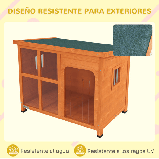 PawHut Casa para Cães de Exterior Casota para Cães Pequenos Médios com Teto Asfáltico 2 Janelas Porta com Cortina Transparente e Base Amovível 90x62x71 cm Madeira