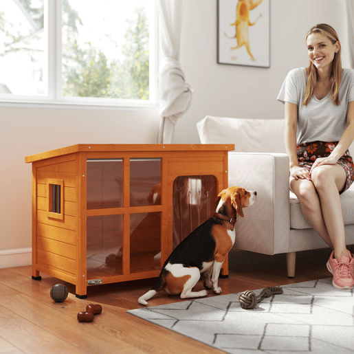PawHut Casa para Cães de Exterior Casota para Cães Pequenos Médios com Teto Asfáltico 2 Janelas Porta com Cortina Transparente e Base Amovível 90x62x71 cm Madeira
