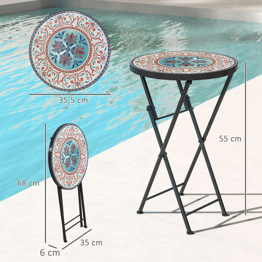 Outsunny Mesa Auxiliar Redonda Mesa de Jardim Dobrável com Bancada em Mosaico e Pés com Almofadas Antiderrapantes Mesa para Exterior Pátio Varanda Ø35,5x55 cm Multicor