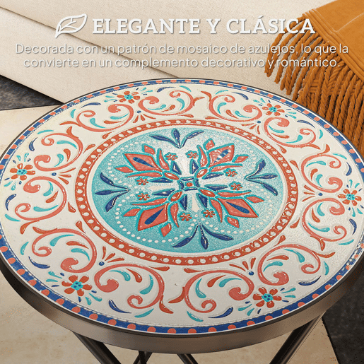 Outsunny Mesa Auxiliar Redonda Mesa de Jardim Dobrável com Bancada em Mosaico e Pés com Almofadas Antiderrapantes Mesa para Exterior Pátio Varanda Ø35,5x55 cm Multicor