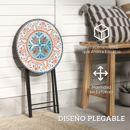 Outsunny Mesa Auxiliar Redonda Mesa de Jardim Dobrável com Bancada em Mosaico e Pés com Almofadas Antiderrapantes Mesa para Exterior Pátio Varanda Ø35,5x55 cm Multicor
