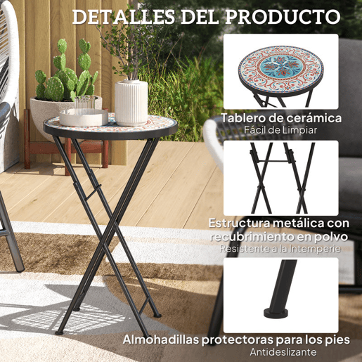 Outsunny Mesa Auxiliar Redonda Mesa de Jardim Dobrável com Bancada em Mosaico e Pés com Almofadas Antiderrapantes Mesa para Exterior Pátio Varanda Ø35,5x55 cm Multicor