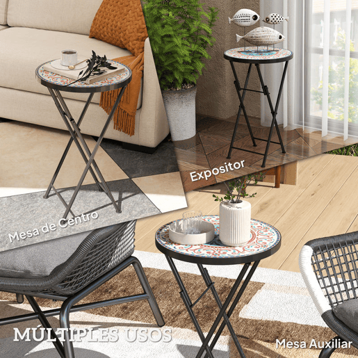 Outsunny Mesa Auxiliar Redonda Mesa de Jardim Dobrável com Bancada em Mosaico e Pés com Almofadas Antiderrapantes Mesa para Exterior Pátio Varanda Ø35,5x55 cm Multicor