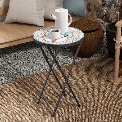 Outsunny Mesa Auxiliar Redonda Mesa de Jardim Dobrável com Bancada em Mosaico e Pés com Almofadas Antiderrapantes Mesa para Exterior Pátio Varanda Ø35,5x55 cm Multicor