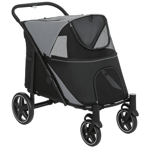 PawHut Carrinho para Cães Dobrável Carrinho para Animais de Estimação com Janelas de Malha Cinto de Segurança e Bolsos de Armazenamento Carga Máxima 40 kg 112x65x100 cm Cinzento