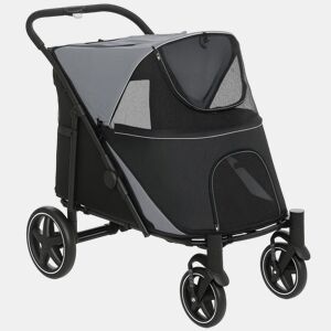 PawHut Carrinho para Cães Dobrável Carrinho para Animais de Estimação com Janelas de Malha Cinto de Segurança e Bolsos de Armazenamento Carga Máxima 40 kg 112x65x100 cm Cinzento