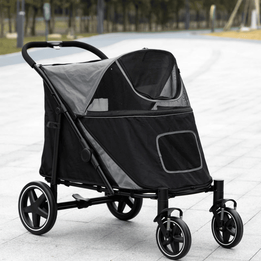 PawHut Carrinho para Cães Dobrável Carrinho para Animais de Estimação com Janelas de Malha Cinto de Segurança e Bolsos de Armazenamento Carga Máxima 40 kg 112x65x100 cm Cinzento