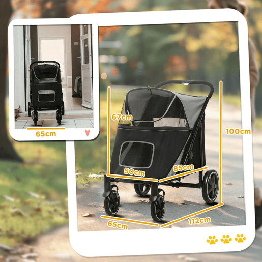 PawHut Carrinho para Cães Dobrável Carrinho para Animais de Estimação com Janelas de Malha Cinto de Segurança e Bolsos de Armazenamento Carga Máxima 40 kg 112x65x100 cm Cinzento