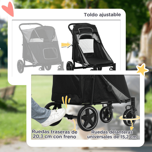 PawHut Carrinho para Cães Dobrável Carrinho para Animais de Estimação com Janelas de Malha Cinto de Segurança e Bolsos de Armazenamento Carga Máxima 40 kg 112x65x100 cm Cinzento