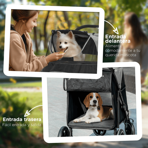 PawHut Carrinho para Cães Dobrável Carrinho para Animais de Estimação com Janelas de Malha Cinto de Segurança e Bolsos de Armazenamento Carga Máxima 40 kg 112x65x100 cm Cinzento