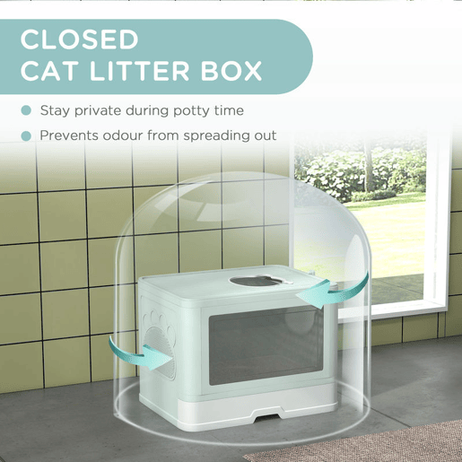 PawHut Caixa de Areia para Gatos com Saída Superior Caixa de Areia para Gatos Amovível com Caixa de Armazenamento Pá Escova 2 Portas Entrada Principal e Saída Superior 48,5x38x36,5 cm Verde Claro