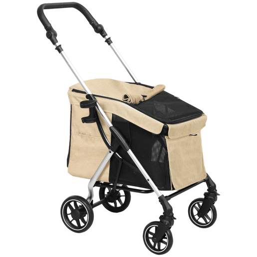 PawHut Carrinho para Cães Dobrável, Carrinho para Cães Pequenos e Séniores, Até 10 kg, Rodas com Travões 360º, Estrutura de Alumínio, Trela de Segurança, Almofada Lavável e Janelas, Bege