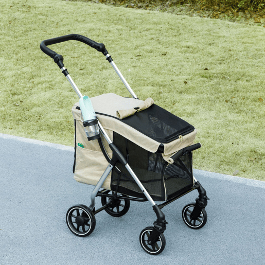 PawHut Carrinho para Cães Dobrável, Carrinho para Cães Pequenos e Séniores, Até 10 kg, Rodas com Travões 360º, Estrutura de Alumínio, Trela de Segurança, Almofada Lavável e Janelas, Bege