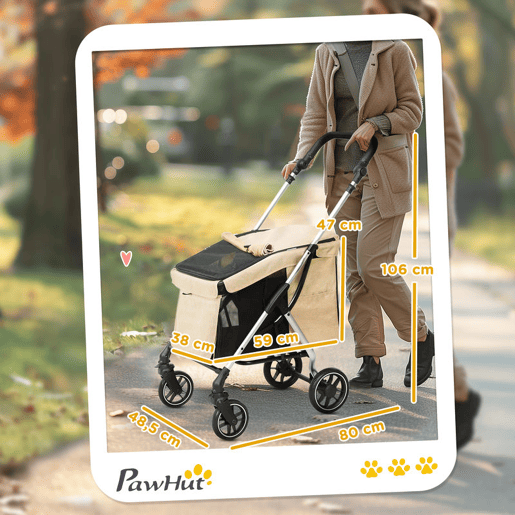 PawHut Carrinho para Cães Dobrável, Carrinho para Cães Pequenos e Séniores, Até 10 kg, Rodas com Travões 360º, Estrutura de Alumínio, Trela de Segurança, Almofada Lavável e Janelas, Bege
