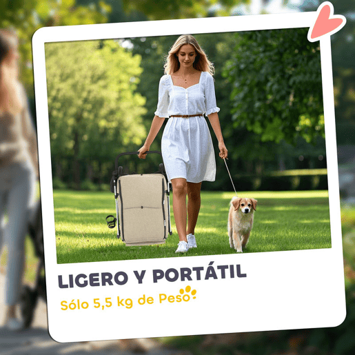 PawHut Carrinho para Cães Dobrável, Carrinho para Cães Pequenos e Séniores, Até 10 kg, Rodas com Travões 360º, Estrutura de Alumínio, Trela de Segurança, Almofada Lavável e Janelas, Bege