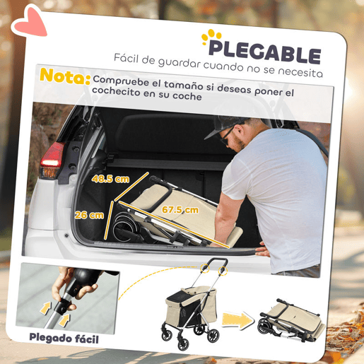 PawHut Carrinho para Cães Dobrável, Carrinho para Cães Pequenos e Séniores, Até 10 kg, Rodas com Travões 360º, Estrutura de Alumínio, Trela de Segurança, Almofada Lavável e Janelas, Bege