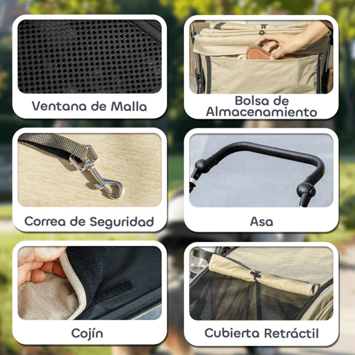 PawHut Carrinho para Cães Dobrável, Carrinho para Cães Pequenos e Séniores, Até 10 kg, Rodas com Travões 360º, Estrutura de Alumínio, Trela de Segurança, Almofada Lavável e Janelas, Bege