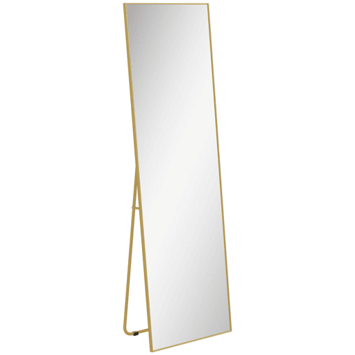 HOMCOM Espelho de Pé Corpo Inteiro 161,5x50 cm com Moldura de Liga de Alumínio Espelho de Parede Retangular com 2 Formas de Uso para Corredor Quarto Sala Prova Dourado