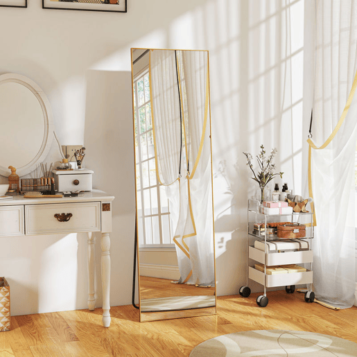 HOMCOM Espelho de Pé Corpo Inteiro 161,5x50 cm com Moldura de Liga de Alumínio Espelho de Parede Retangular com 2 Formas de Uso para Corredor Quarto Sala Prova Dourado
