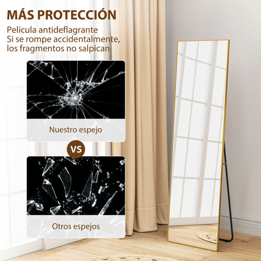 HOMCOM Espelho de Pé Corpo Inteiro 161,5x50 cm com Moldura de Liga de Alumínio Espelho de Parede Retangular com 2 Formas de Uso para Corredor Quarto Sala Prova Dourado
