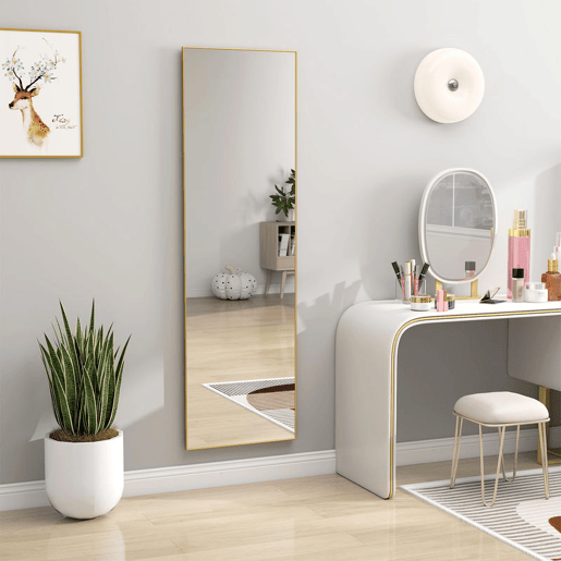 HOMCOM Espelho de Pé Corpo Inteiro 161,5x50 cm com Moldura de Liga de Alumínio Espelho de Parede Retangular com 2 Formas de Uso para Corredor Quarto Sala Prova Dourado