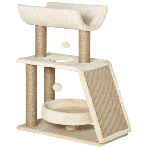 PawHut Arrador para Gatos Arranhador para Gatos Altura 76 cm com 4 Postes de Arranhar Cama Plataforma em U Almofada para Arranhar Bolas Suspensas Bege e Castanho Claro