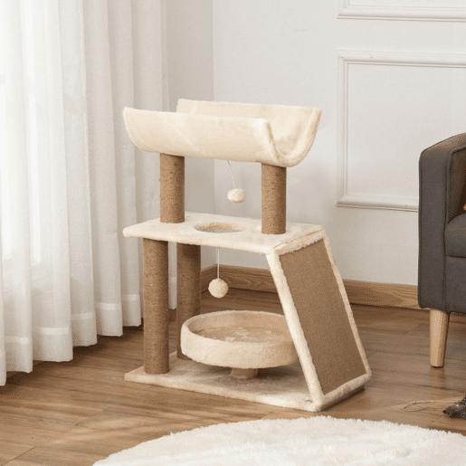 PawHut Arrador para Gatos Arranhador para Gatos Altura 76 cm com 4 Postes de Arranhar Cama Plataforma em U Almofada para Arranhar Bolas Suspensas Bege e Castanho Claro