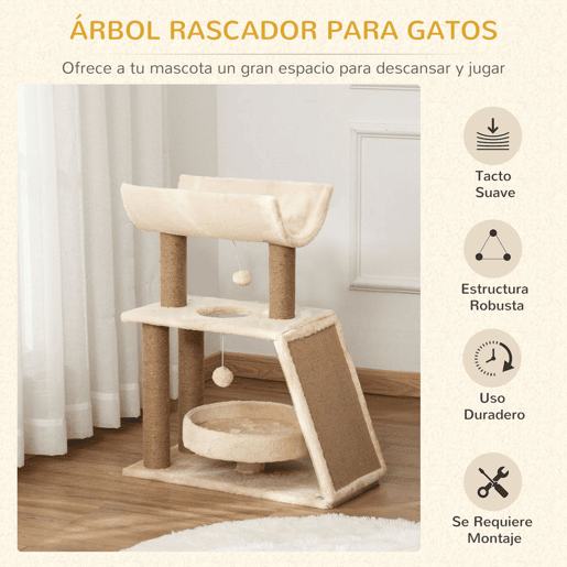 PawHut Arrador para Gatos Arranhador para Gatos Altura 76 cm com 4 Postes de Arranhar Cama Plataforma em U Almofada para Arranhar Bolas Suspensas Bege e Castanho Claro