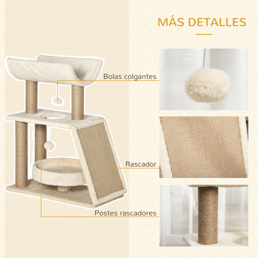 PawHut Arrador para Gatos Arranhador para Gatos Altura 76 cm com 4 Postes de Arranhar Cama Plataforma em U Almofada para Arranhar Bolas Suspensas Bege e Castanho Claro
